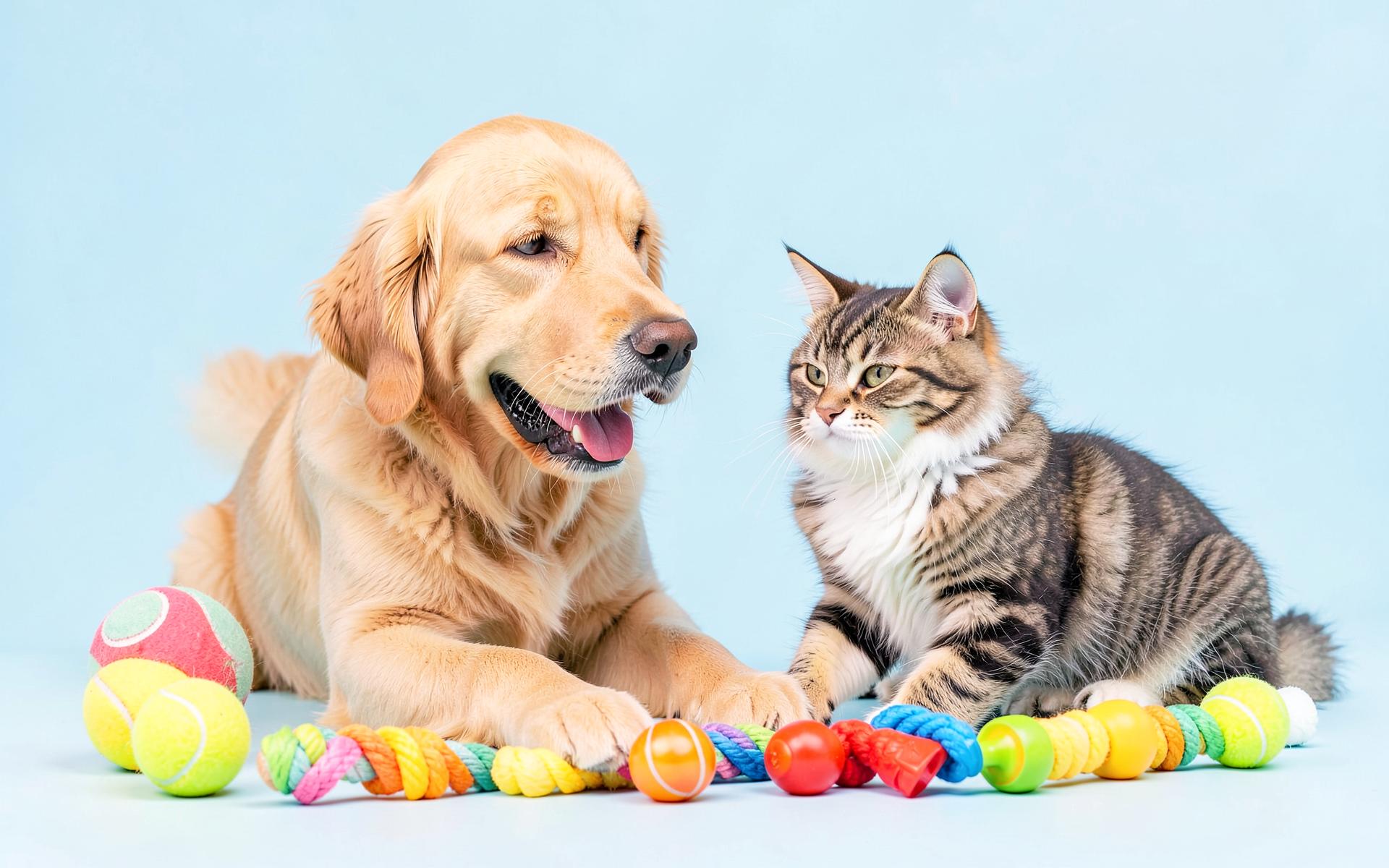A happy dog and cat surrounded by colourful pet toys